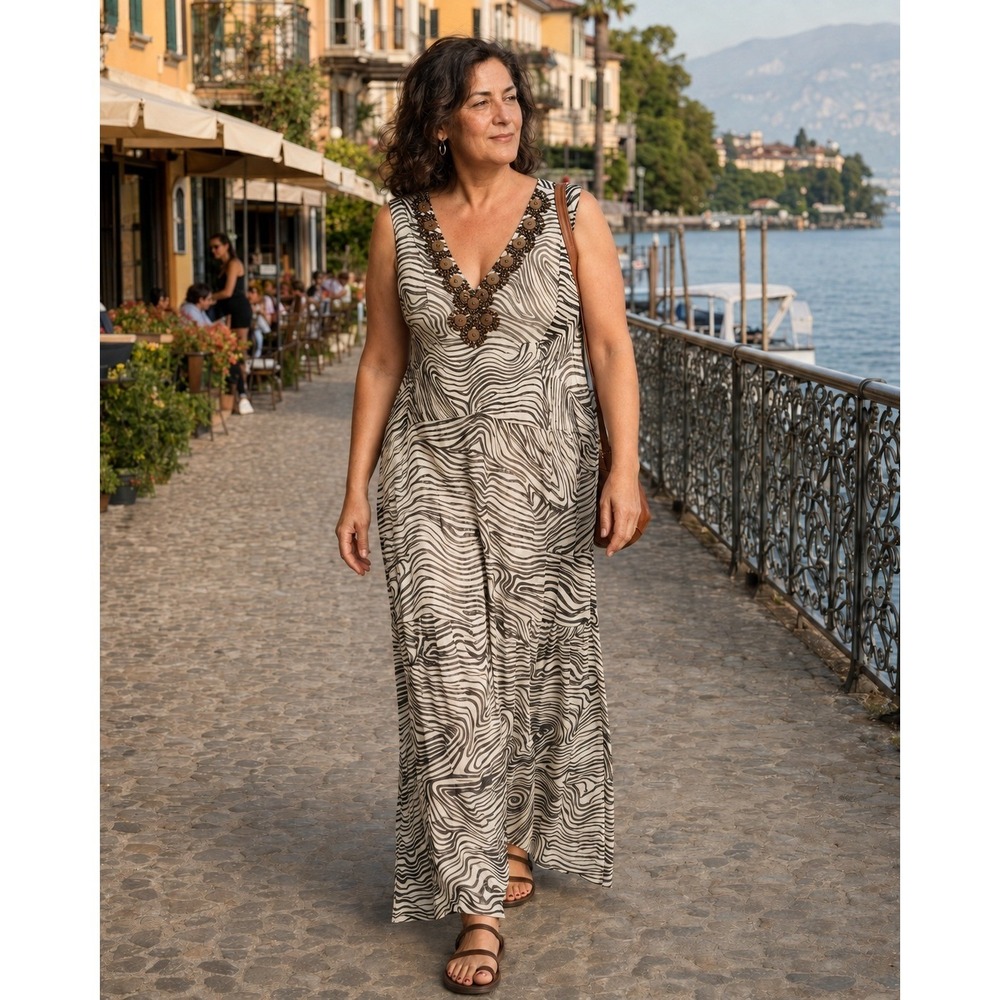 Beaded Zebra Animal Print Dress Beaded V-Neck Sleeveless Maxi XL Semi Sheer Boho